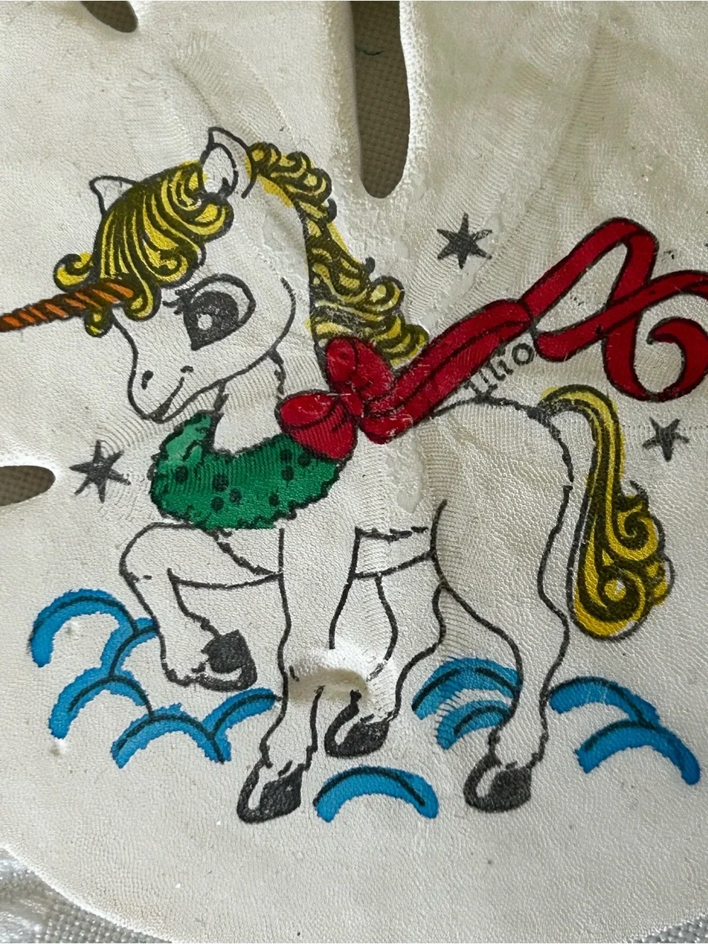 Vintage Hand-Painted White Unicorn Sand Dollar Ornament Christmas Red Green